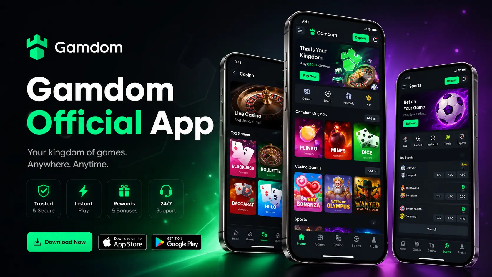 Gamdom mobile interface shown on three phones with casino, games and sports screens