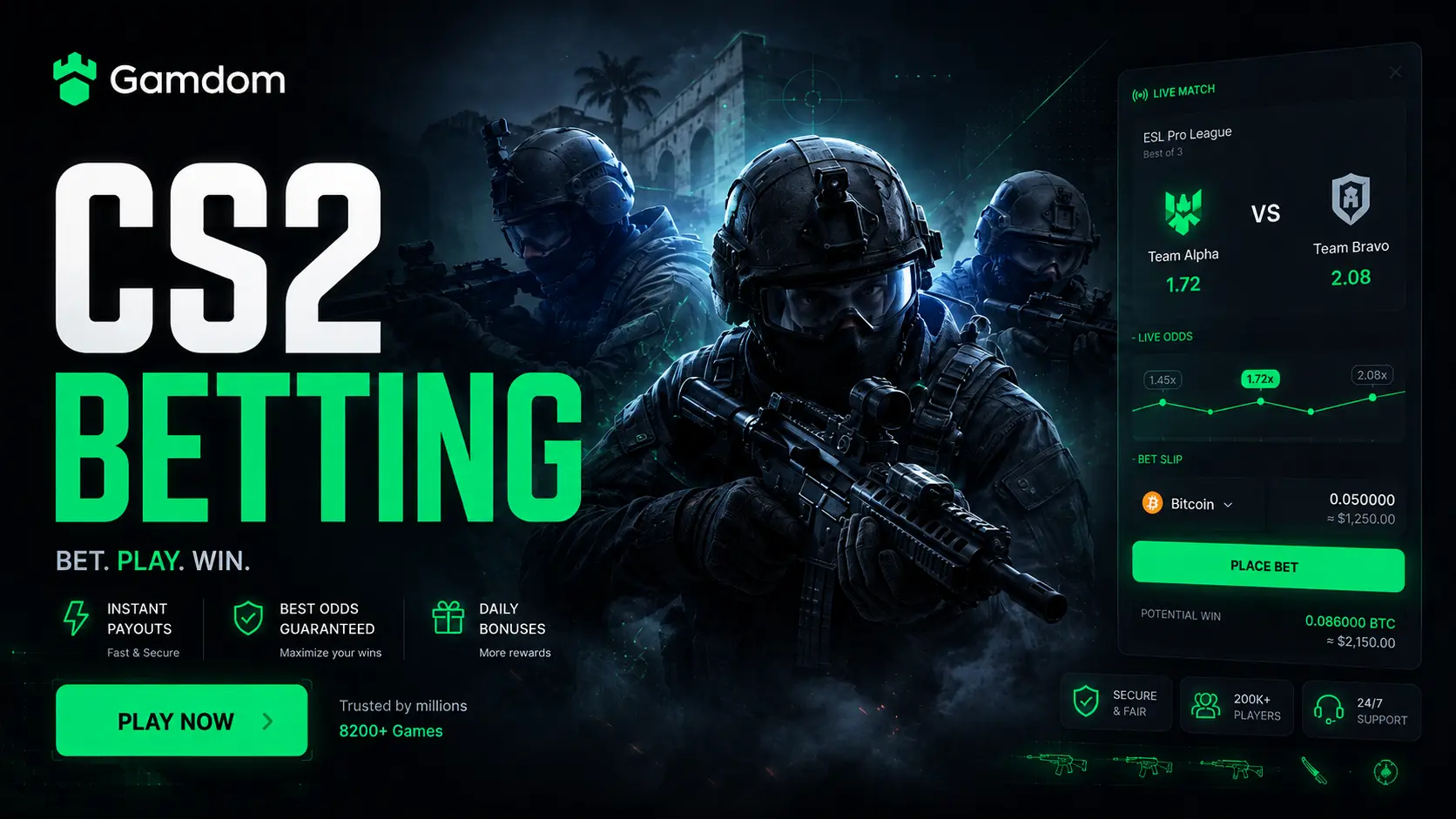 CS2 betting theme with tactical operators and a live match odds panel