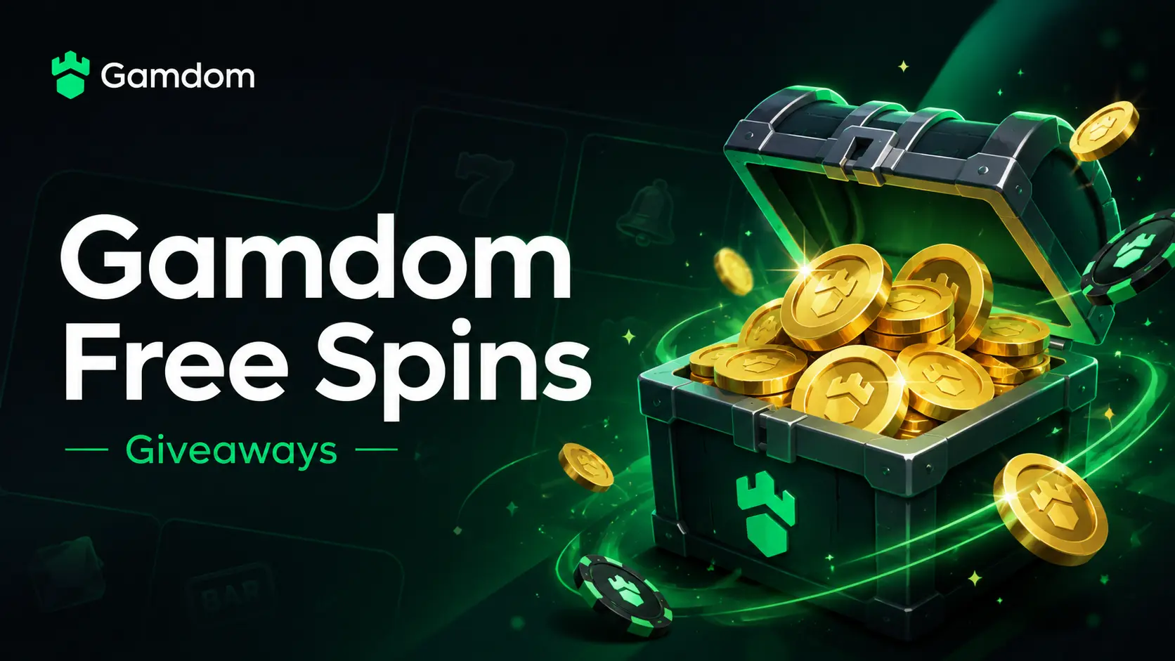 Gamdom free spins giveaways banner with a treasure chest of coins