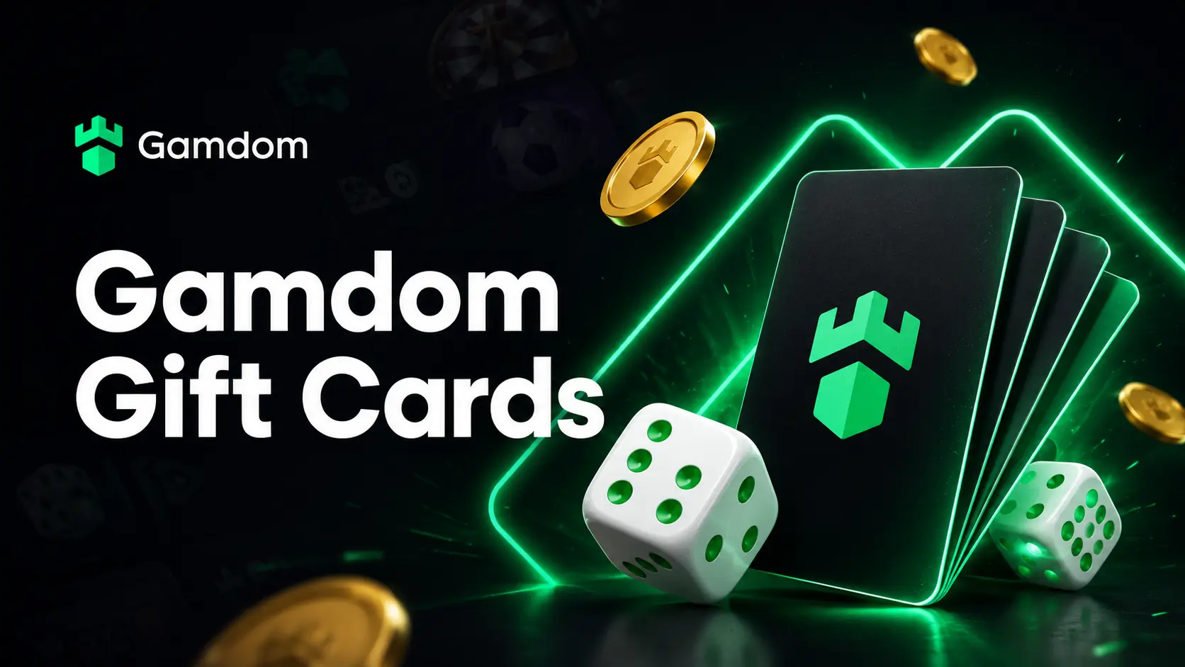 Gamdom gift cards banner with neon-framed cards and dice