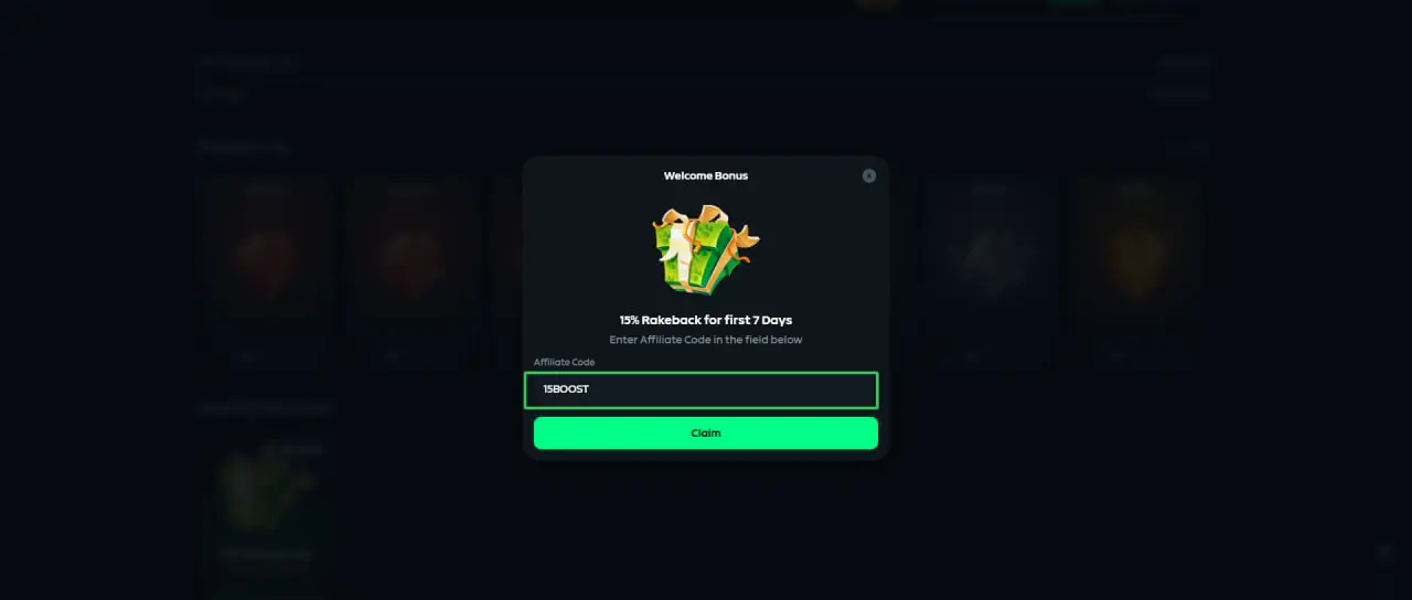 Gamdom welcome bonus window with 15BOOST entered in the affiliate code field
