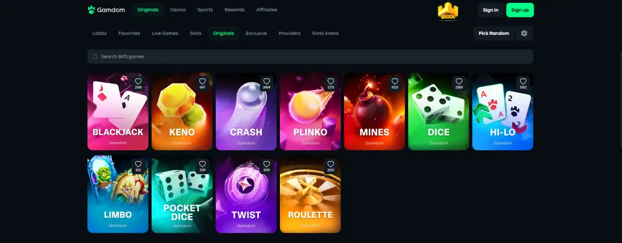 Gamdom originals lobby with Crash, Plinko, Mines, Dice and Hi-Lo