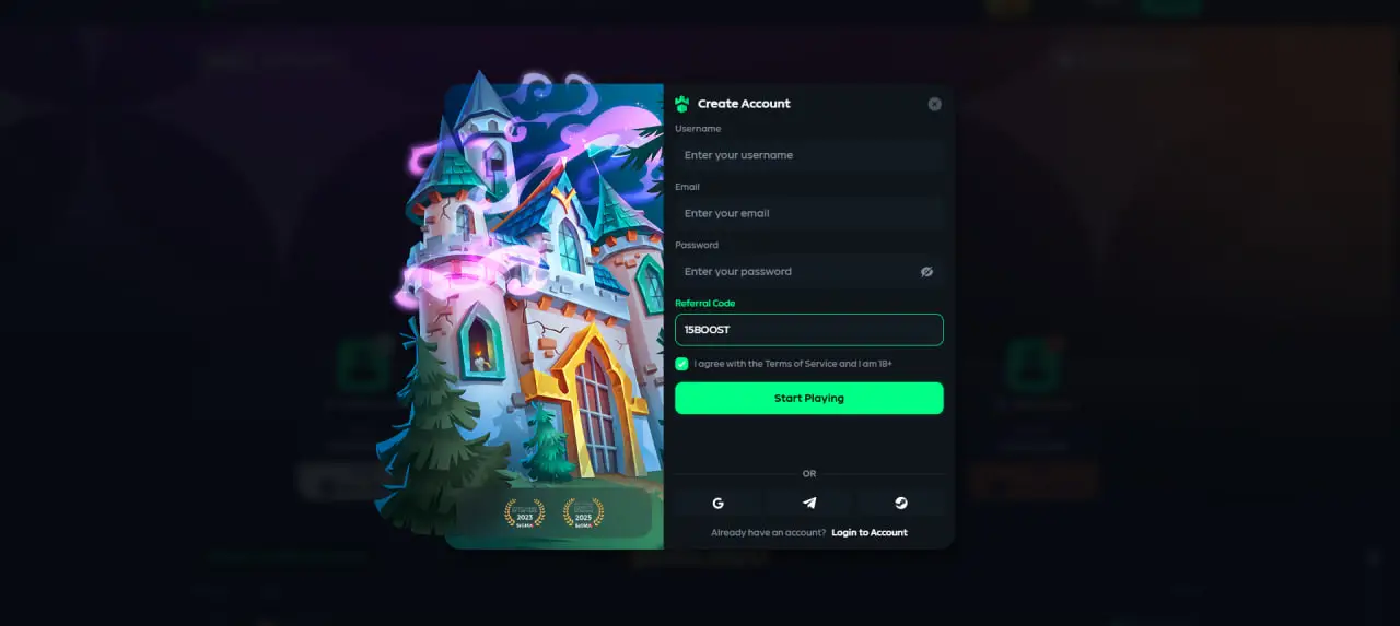 Gamdom Create Account form with 15BOOST entered in the Referral Code field