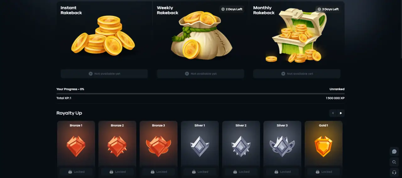 Gamdom rewards page with instant, weekly and monthly rakeback and the Royalty Up rank track