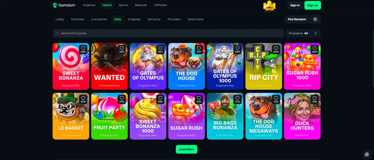 Gamdom slots lobby showing Sweet Bonanza, Gates of Olympus, The Dog House and more