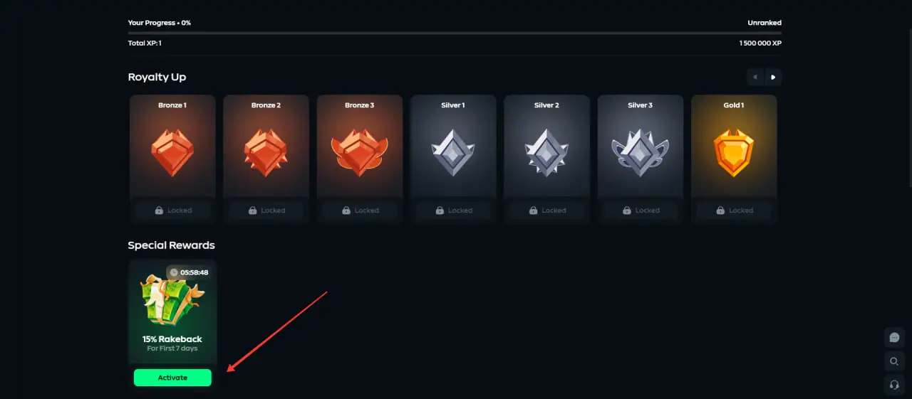 Special Rewards area on Gamdom with the 15% rakeback offer ready to activate